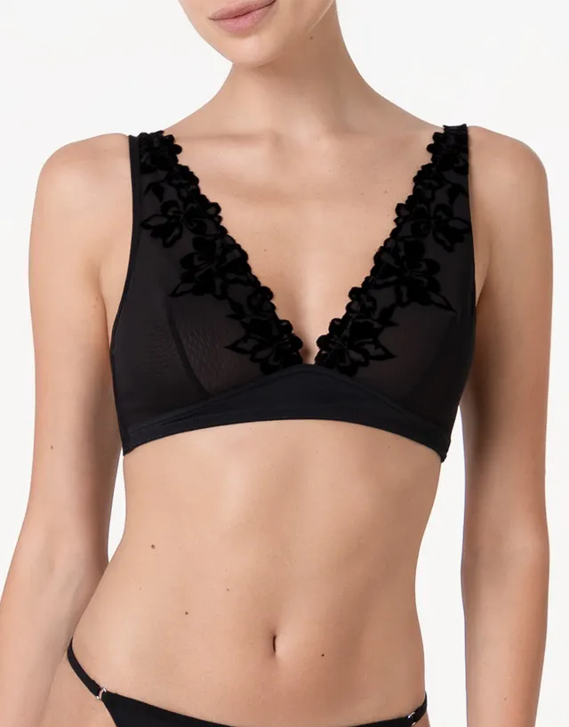 Lovable Garden Flowers Lace Velvet Embroidery reggiseno nero senza ferretto