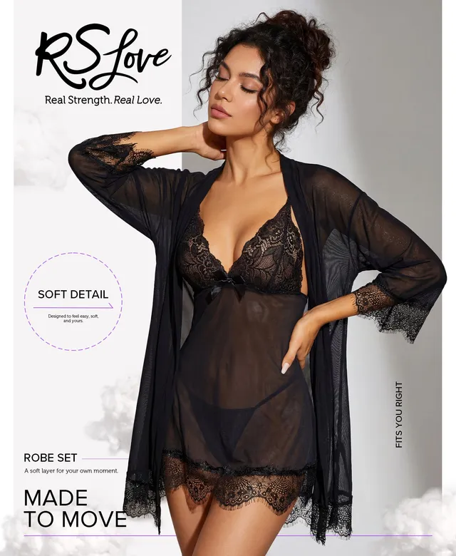 RSLOVE Robe 3 Piece Babydoll Lace Kimono Robe Set completo lingerie Nero taglie S-XXL in pizzo