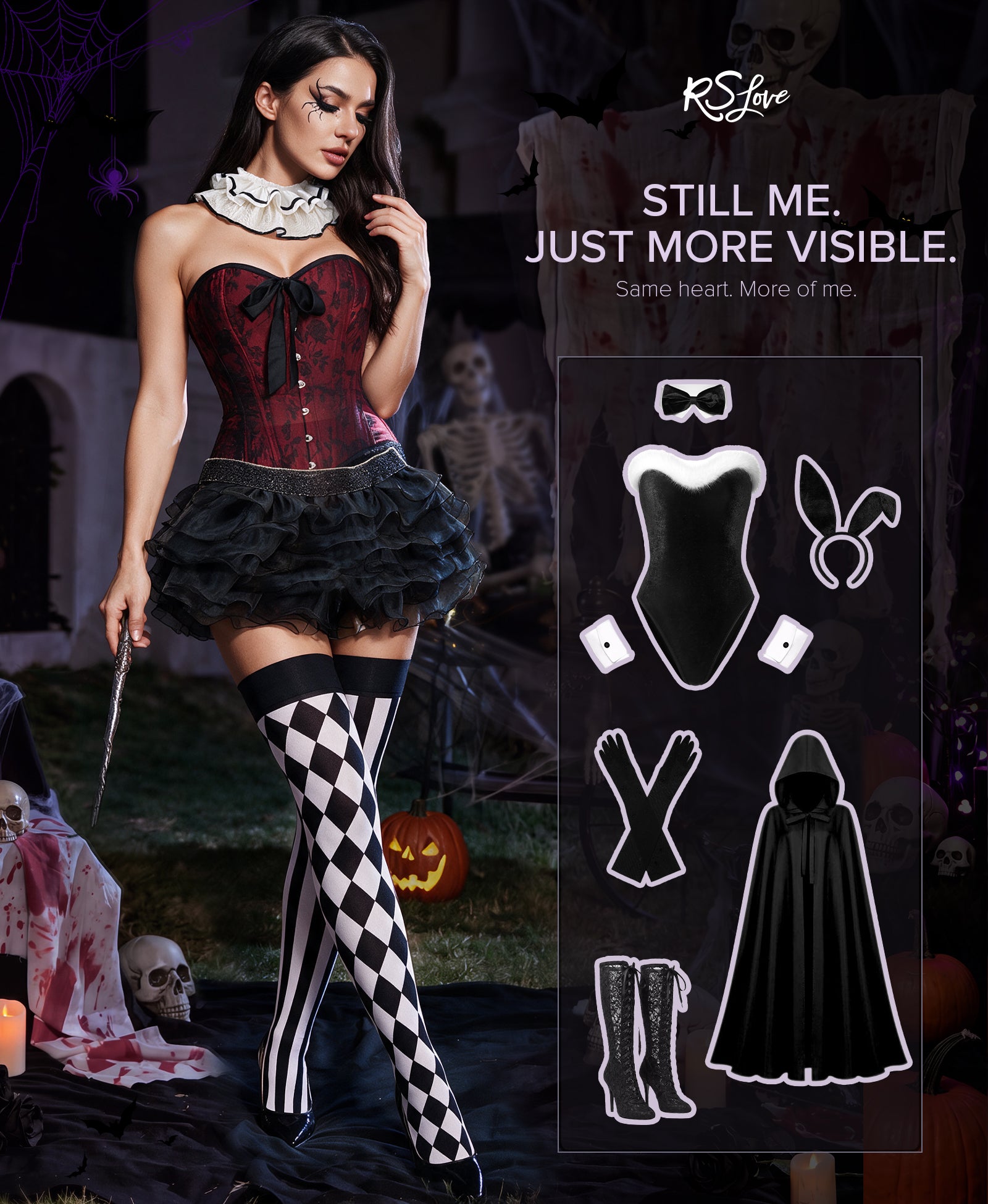 RSLOVE Thigh High Asymmetric Striped Harlequin calze bianche e nere