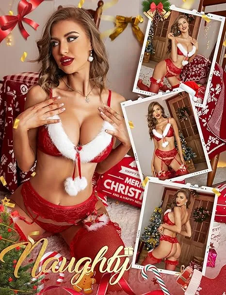 RSLOVE Costumes White Velvet Christmas Lingerie Set bianco taglia S-XXL piume