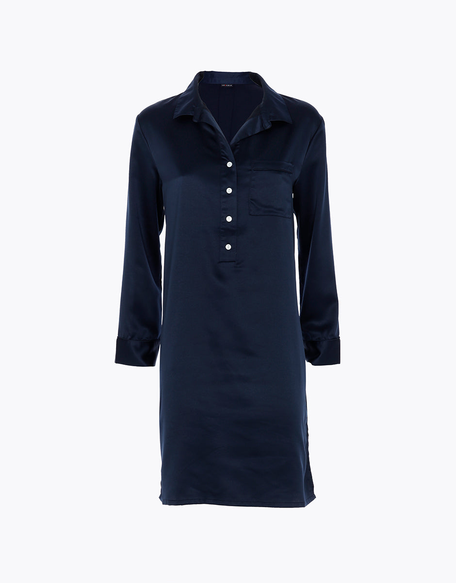 Lovable Basic Soul Camicia da Notte Serafino in Satin blu navy manica lunga