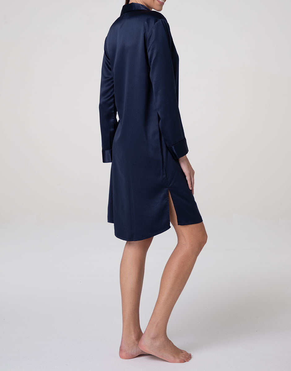Lovable Basic Soul Camicia da Notte Serafino in Satin blu navy manica lunga