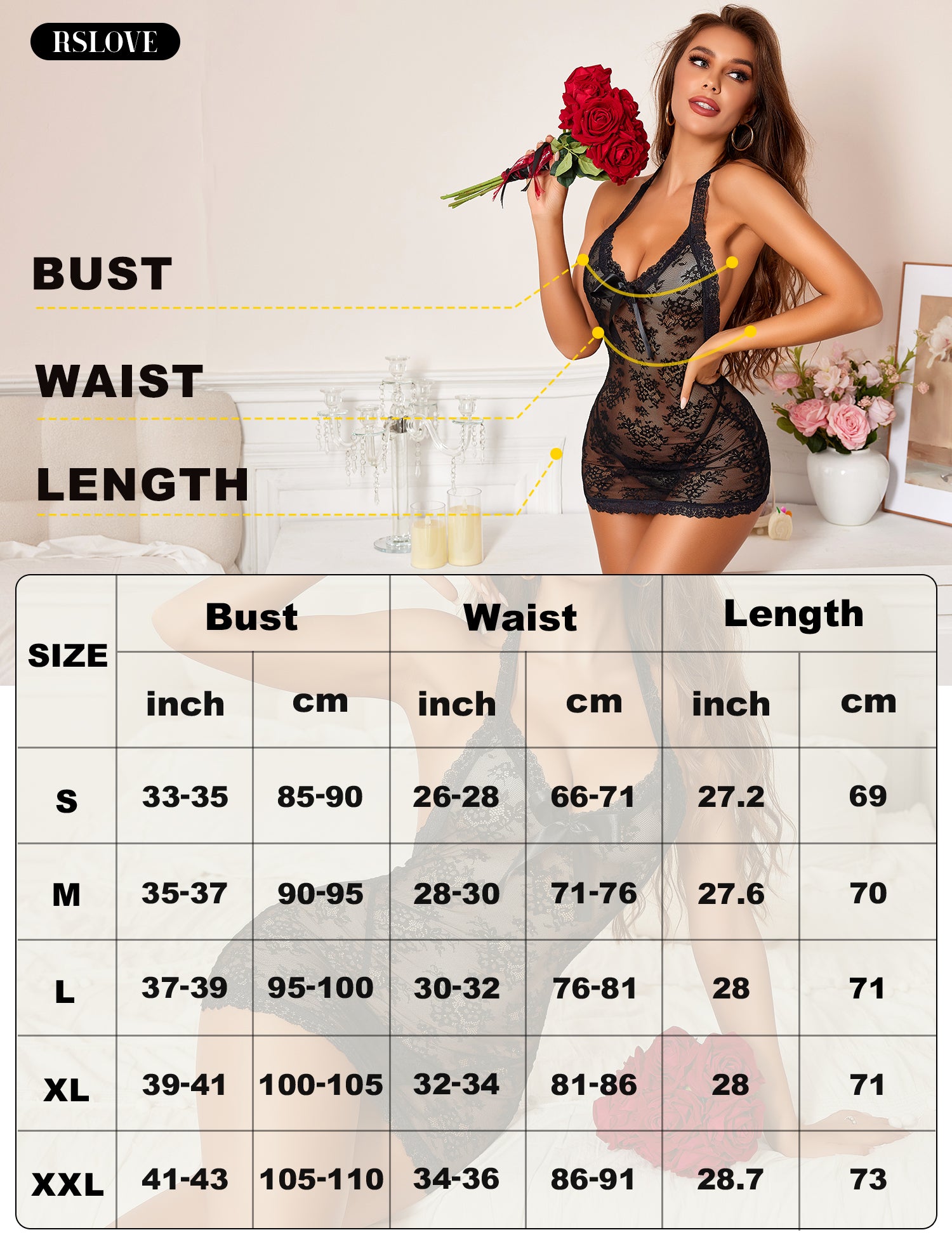 RSLOVE Babydoll Halter Lace Babydoll con fiocco e perle