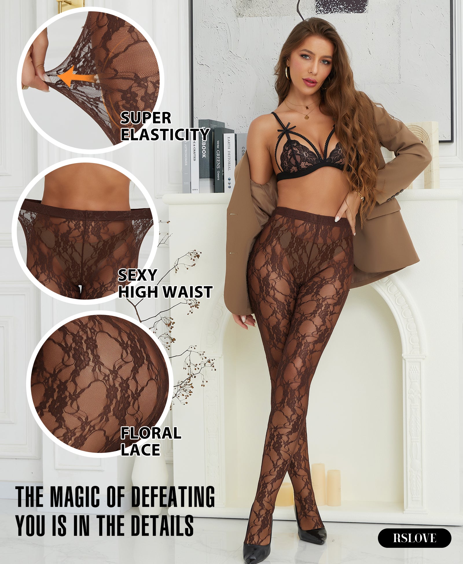 RSLOVE Patterned tights Floral Lace collant neri a vita alta