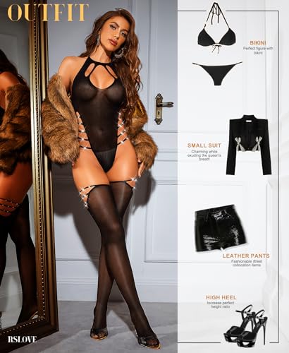 RSLOVE Bodystocking Rhinestone Strappy Fishnet Bodysuit nero 1 set