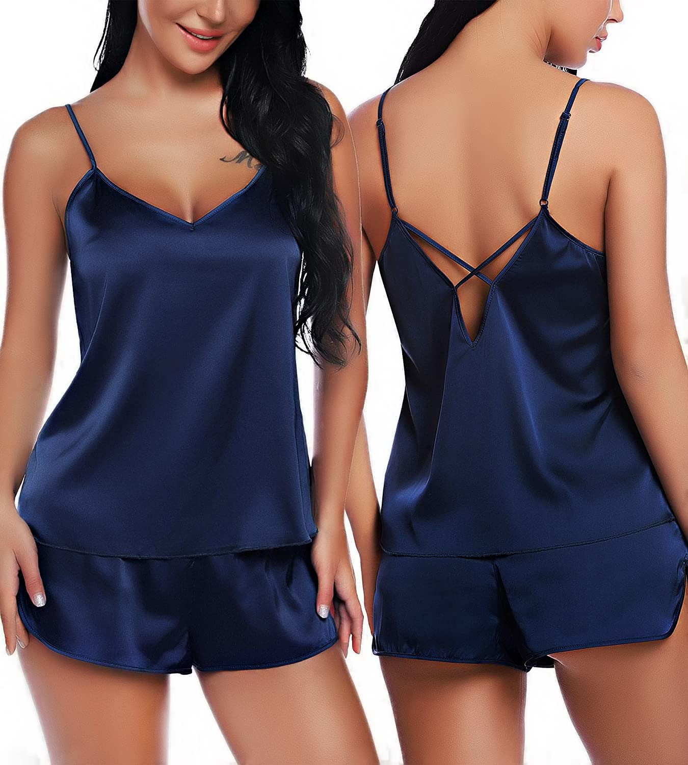 RSLOVE Pajama Set Floral Lace V-Neck Satin Cami & Shorts Pajama Set pigiama blu