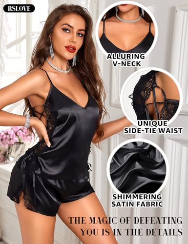 RSLOVE Pajama Set Satin Cami Shorts pigiama raso nero