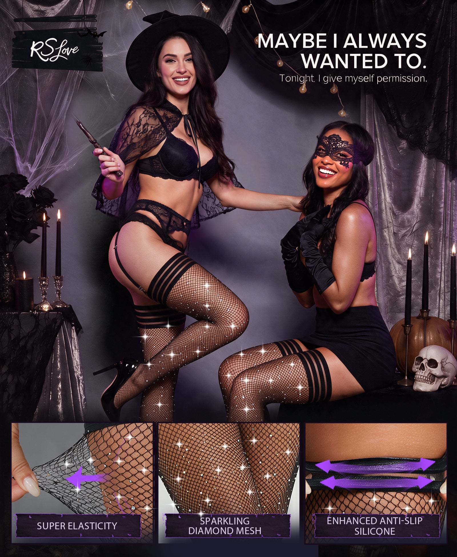 RSLOVE Thigh High calze autoreggenti fishnet nere con strass