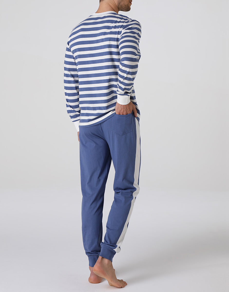Lovable Basic Soul pigiama lungo uomo girocollo righe avorio e blu M in jersey di cotone