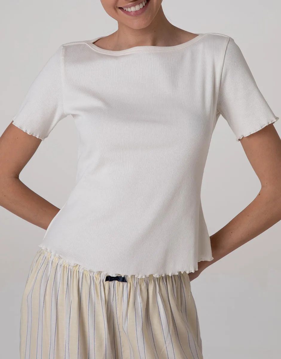 Lovable Basic Soul T-shirt scollo a barchetta in cotone a costine bianco latte