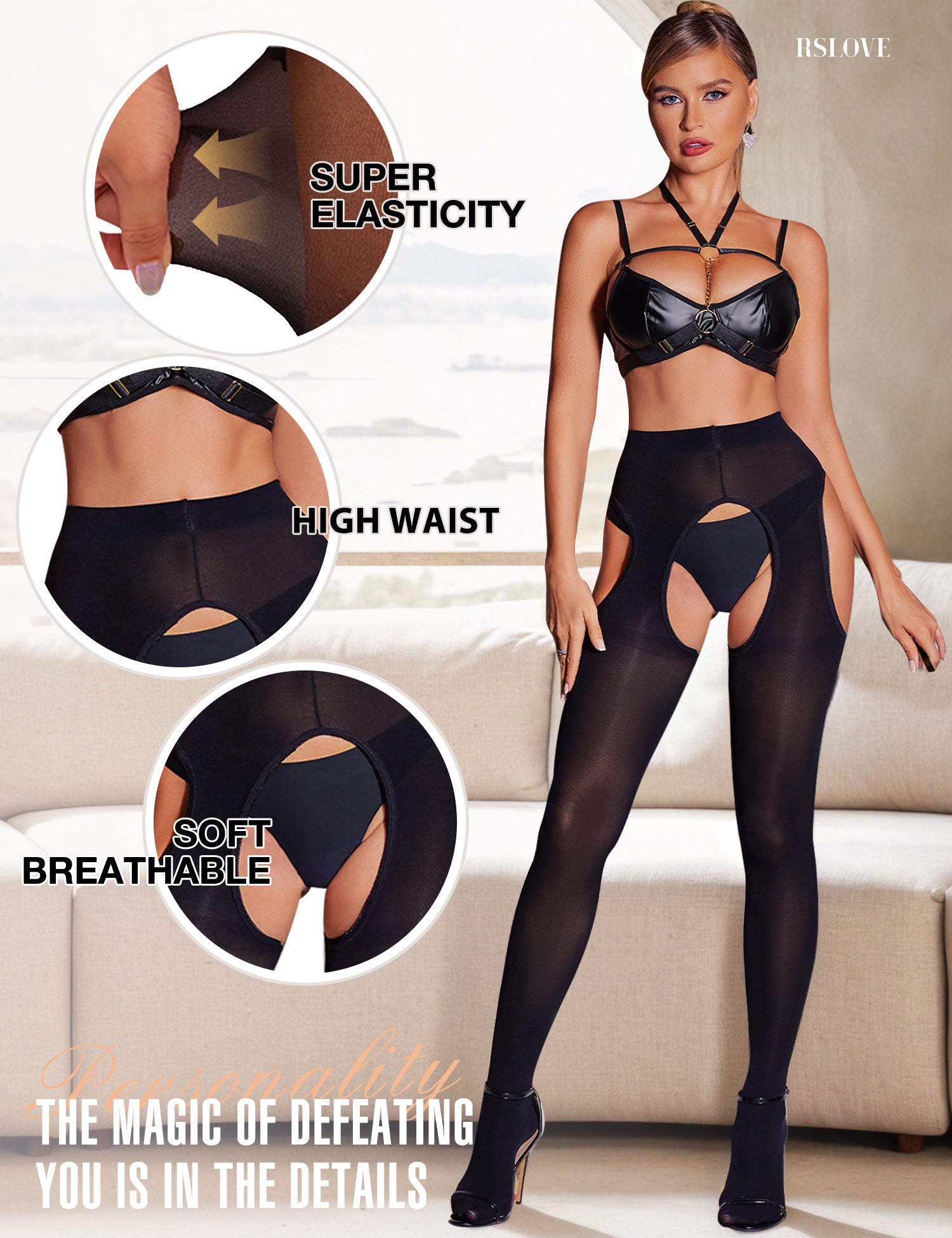 RSLOVE Tights High Waist Suspender Garter Control Top Collant neri taglia unica 80D