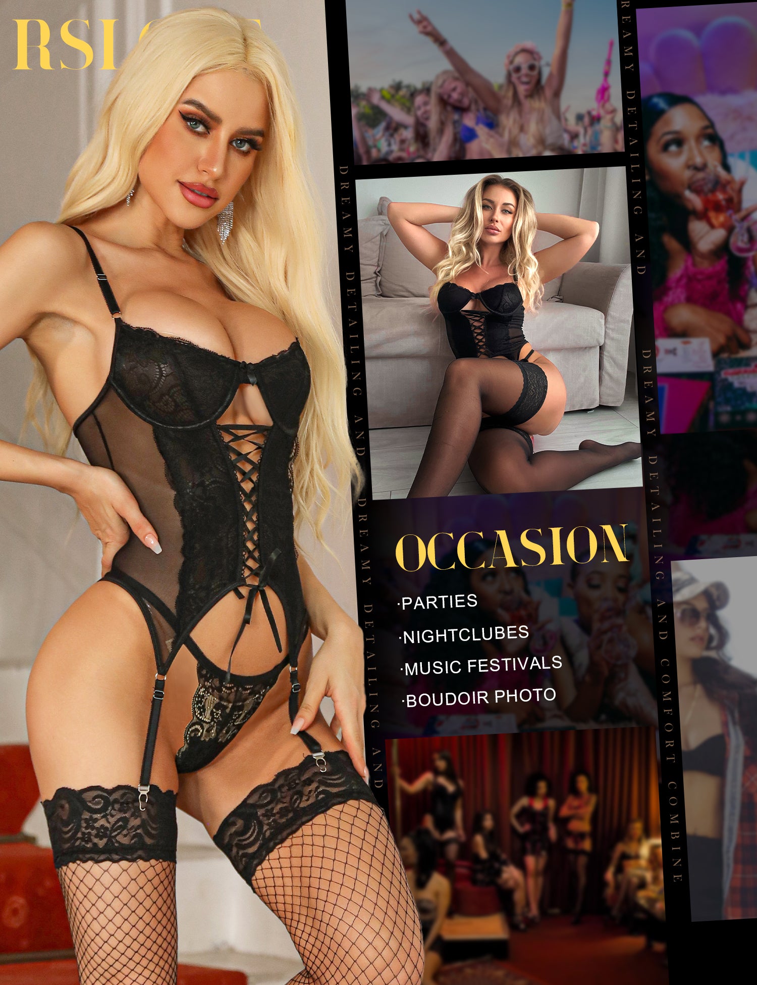 RSLOVE Garter Belt 3 Piece 2 Piece Strappy Lace Teddy body con reggicalze nero