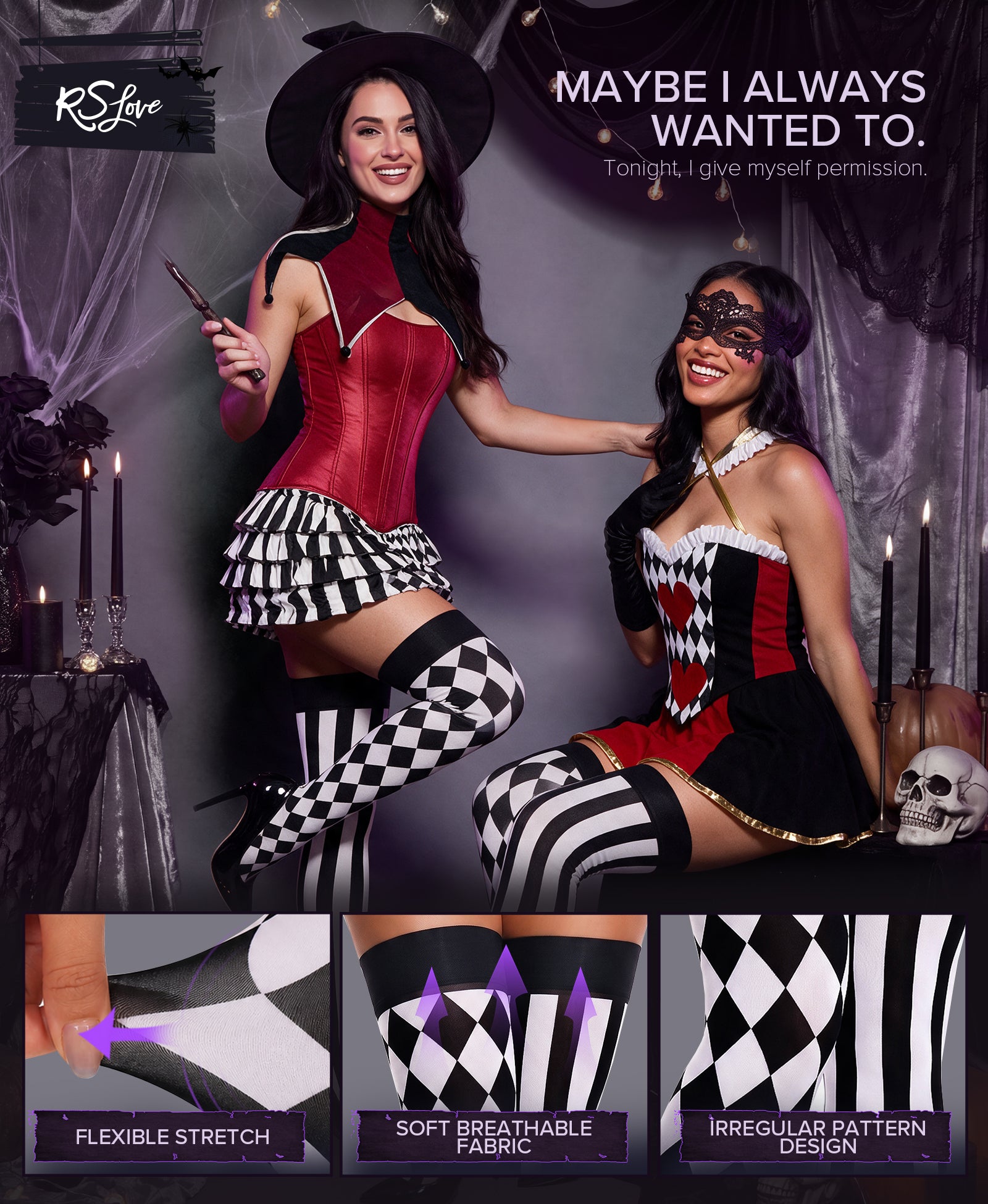 RSLOVE Thigh High Asymmetric Striped Harlequin calze bianche e nere