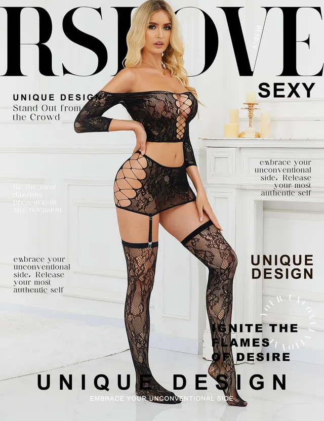 RSLOVE Lingerie Set Off Shoulder Lace Garter Skirt Set with Stockings completo rosa coppa A