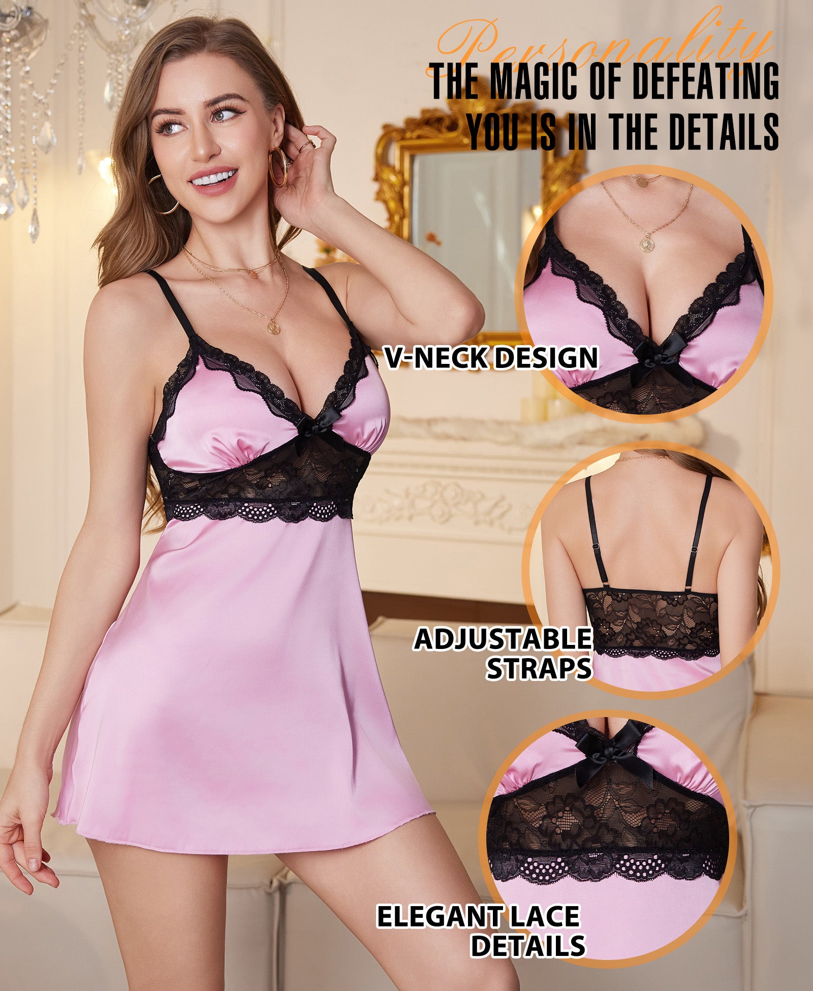 RSLOVE Babydoll Satin Lace V Neck Babydoll Chemi camicia da notte nera S
