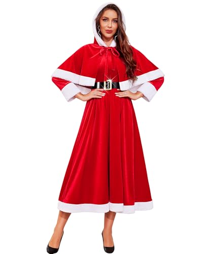 RSLOVE Costumes Velvet Santa Dress Abito Babbo Natale con mantella rosso