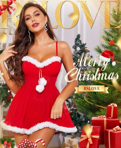 RSLOVE Costumes Red Mesh Santa Babydoll babydoll rosso con bordi in pelliccia
