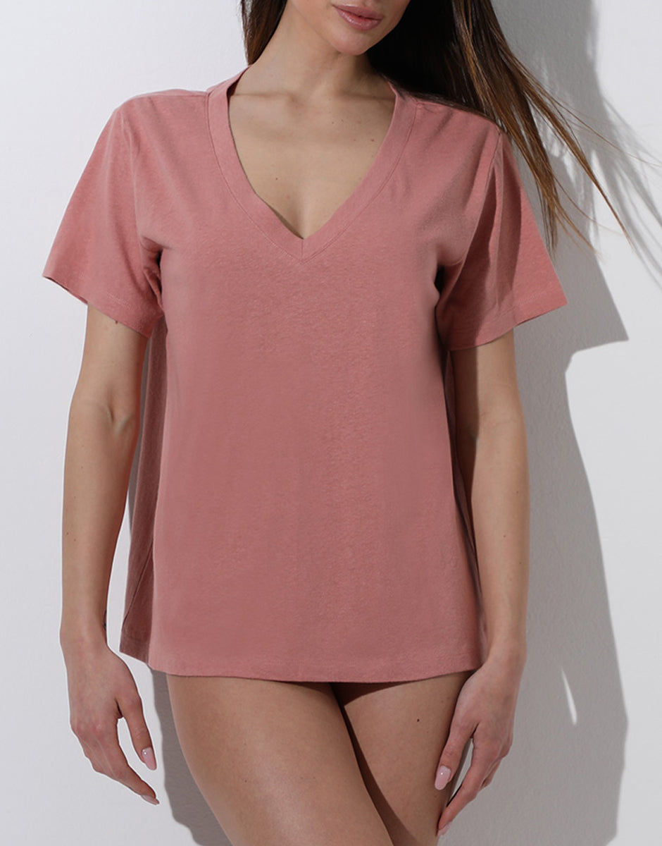 Lovable Basic Soul Maglia manica corta scollo a V rosa polvere 2/S cotone e lino