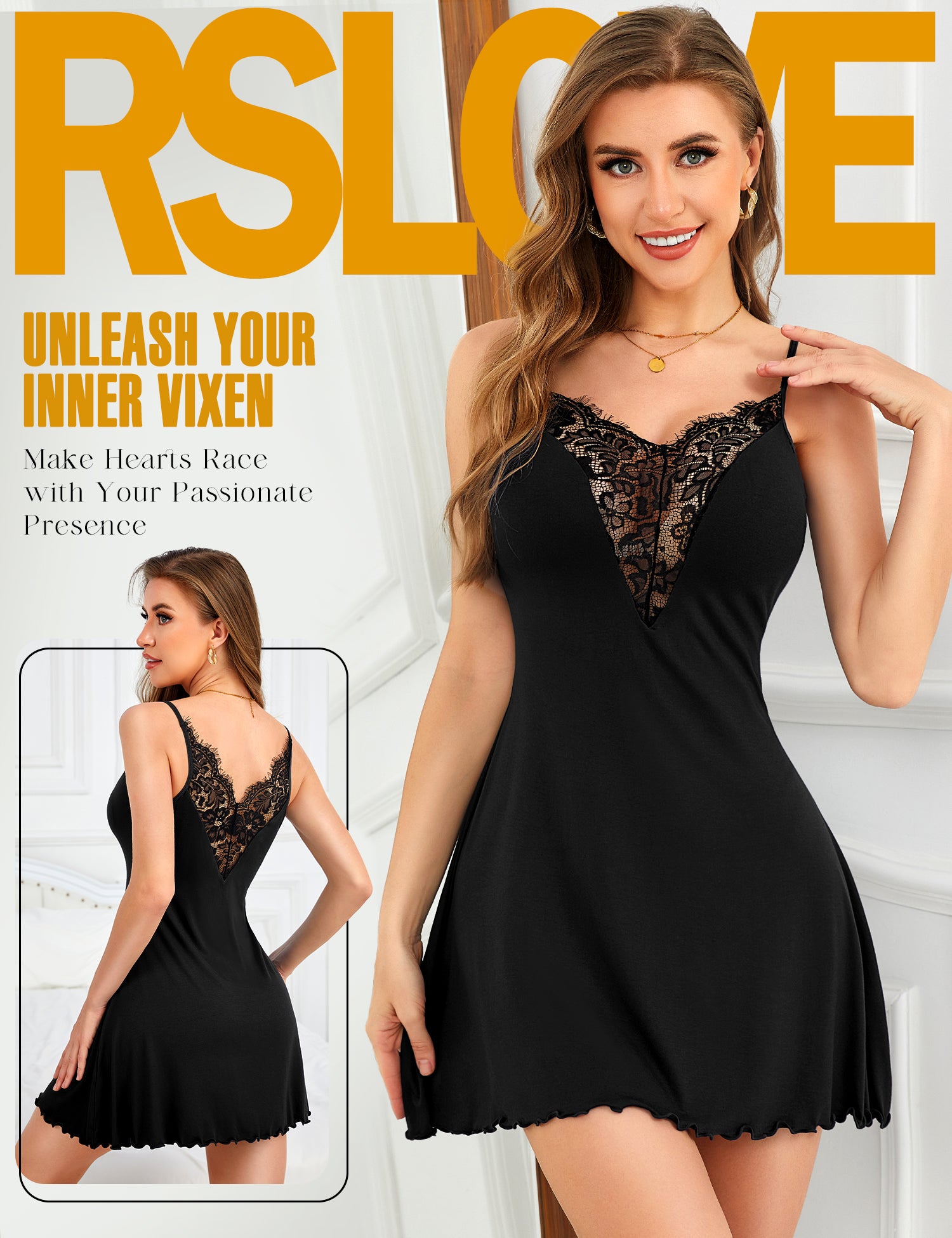 RSLOVE Babydoll Lace V Neck Babydoll Chemise nero taglia S-XXL pizzo