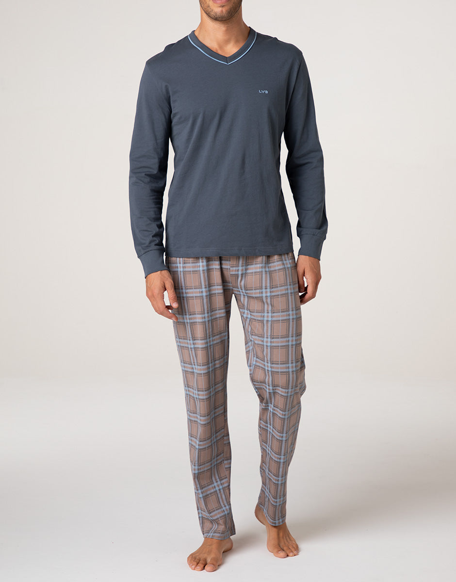 Lovable Basic Soul Scollo a V pigiama uomo lungo in jersey grigio scuro