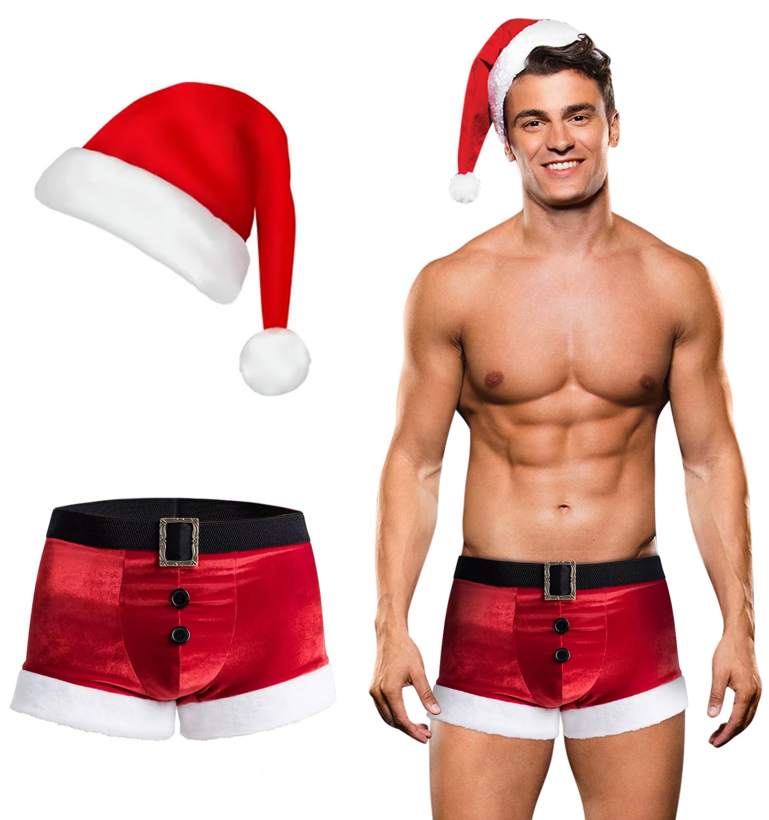 RSLOVE Costumes Men's Red Velvet Santa Shorts with Hat pantaloncini rossi L in velluto