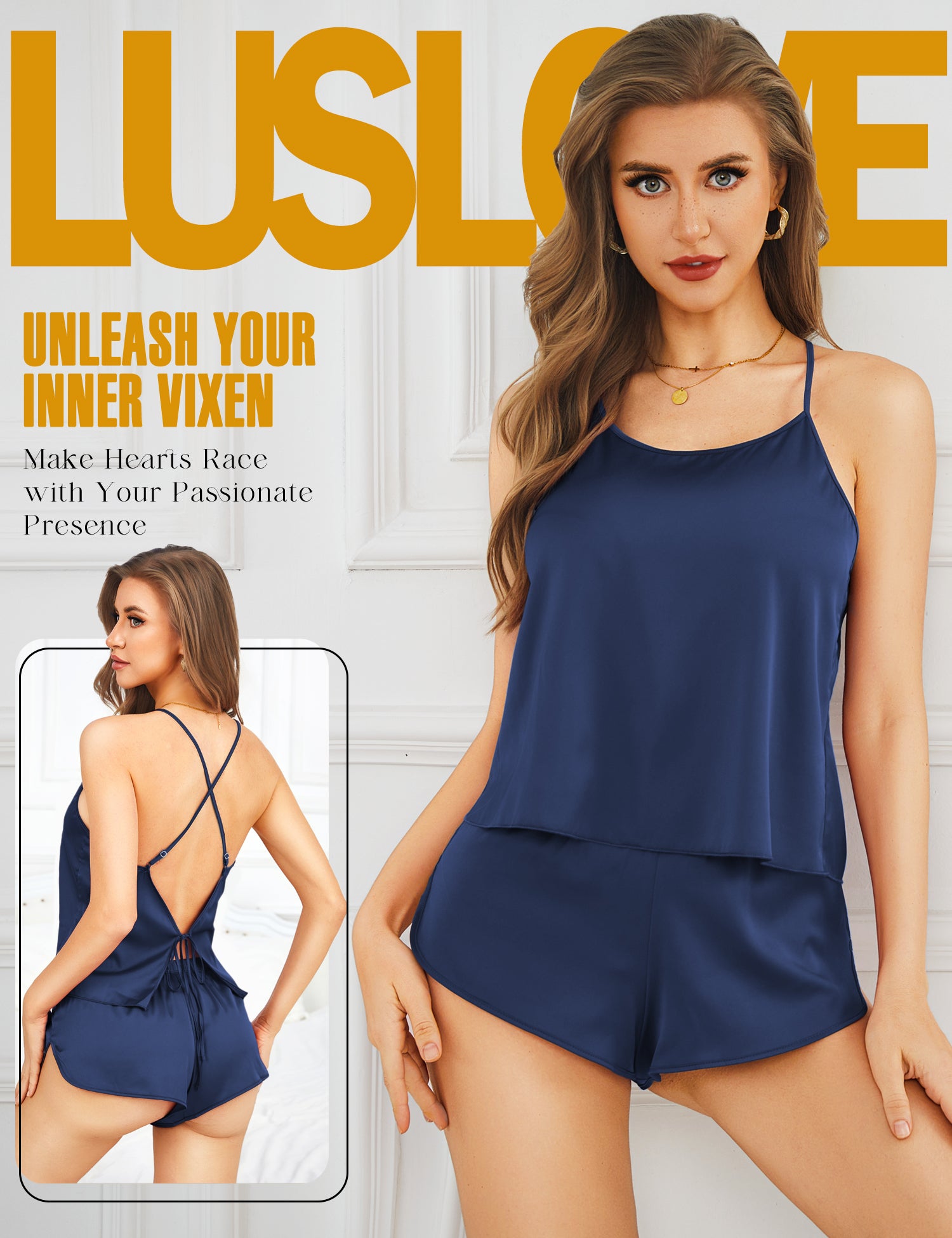 RSLOVE Pajama Set pigiama satin nero con canotta e shorts