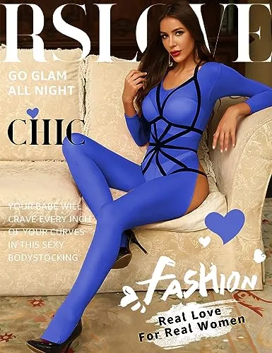 RSLOVE Bodystocking body a rete con scollo halter blu taglia unica