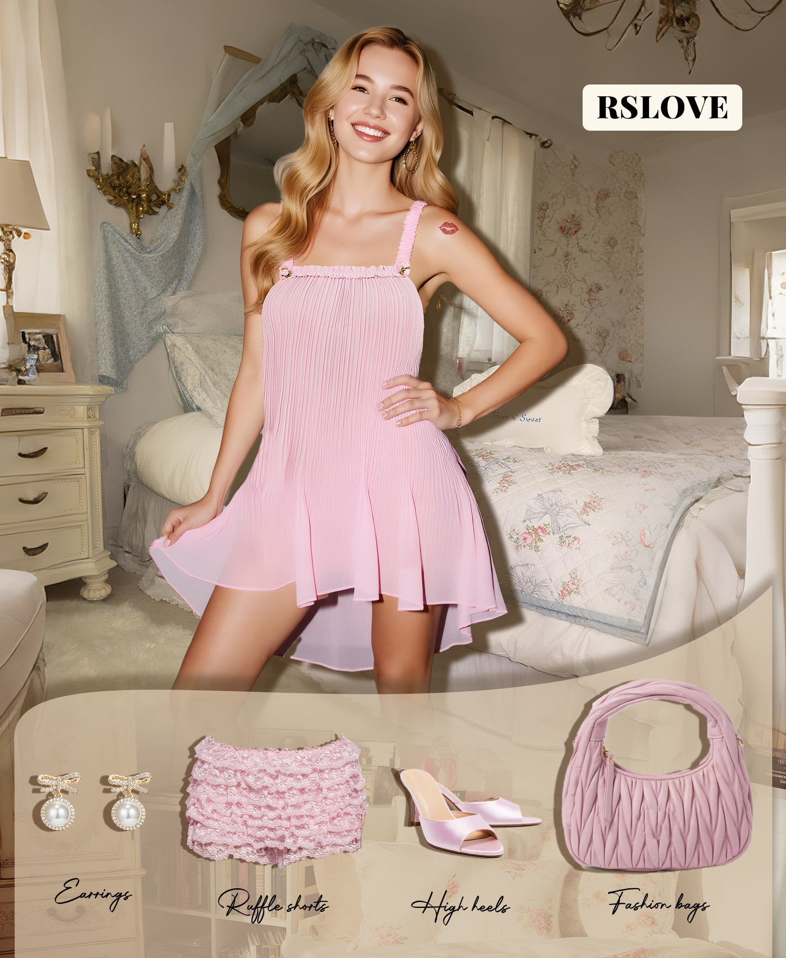 RSLOVE Babydoll chemise in chiffon con orlo volant