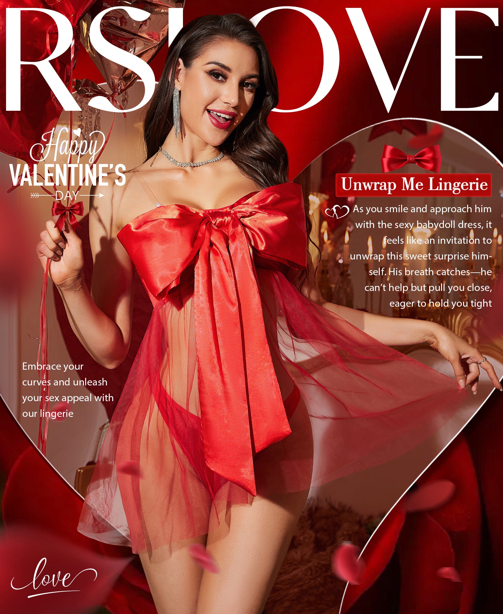 RSLOVE Lingerie Set Bow Satin Babydoll 2 Piece Lingerie Set babydoll rosso S in raso