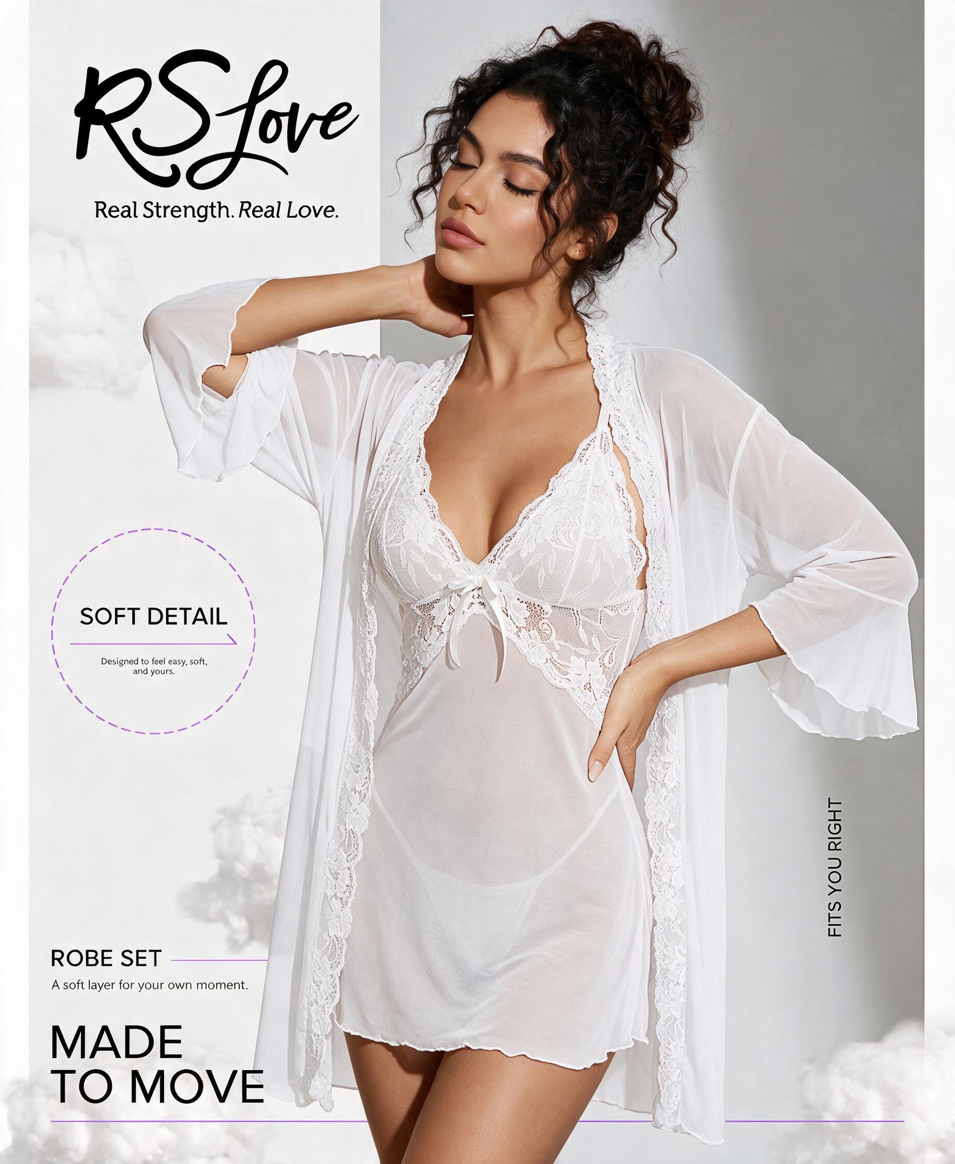 RSLOVE Robe 3 Piece Babydoll Lace Kimono set lingerie nero taglia S–XXL