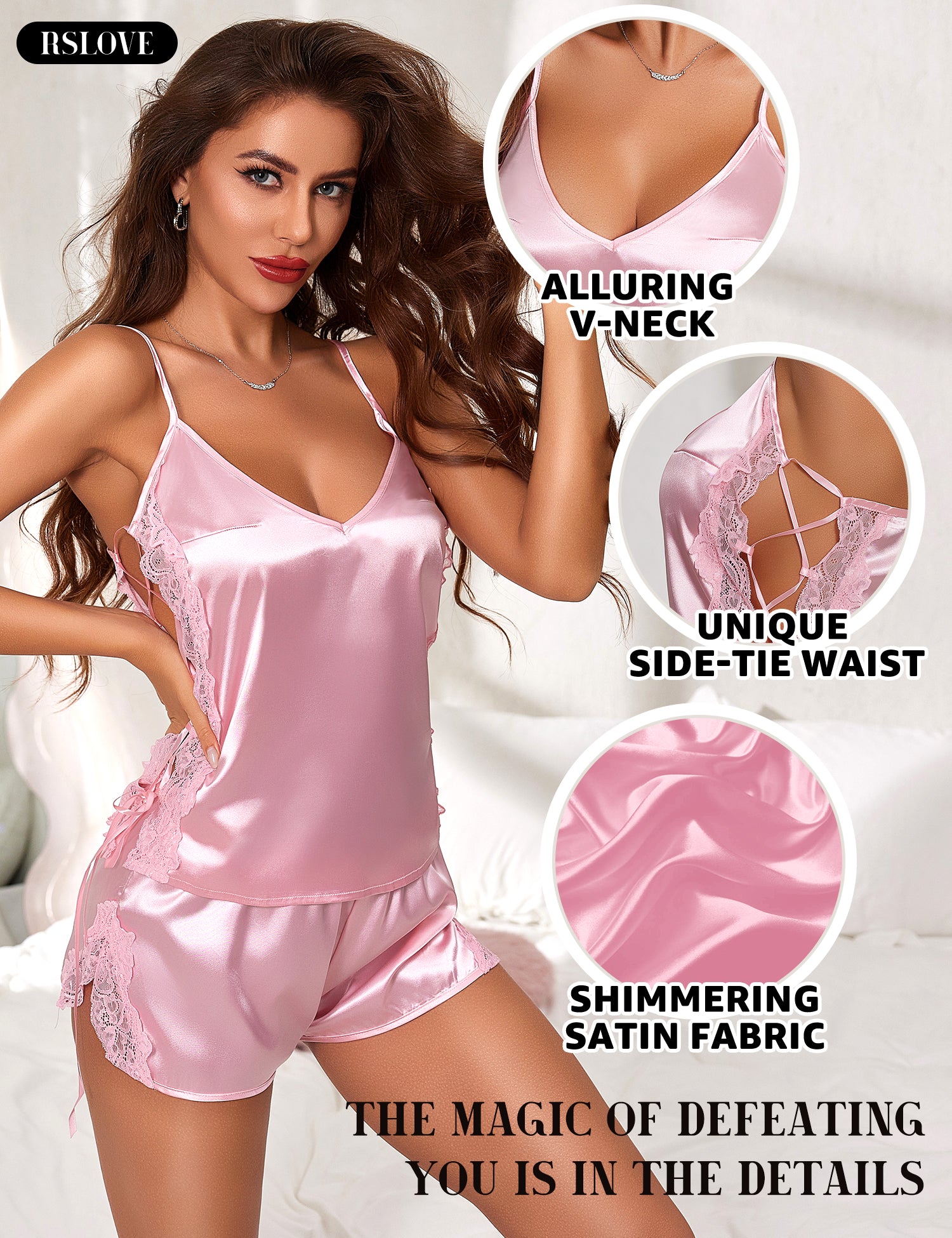 RSLOVE Pajama Set Satin V Neck Lace Cami and Shorts Pajama Set pigiama nero in raso