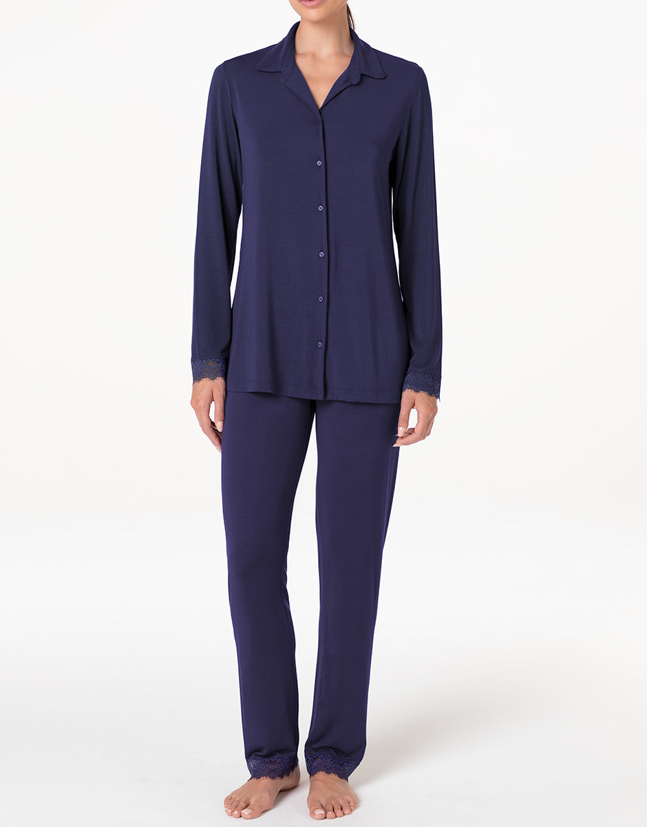 Lovable Basic Soul Elegant Modal pigiama lungo aperto blu notte in modal