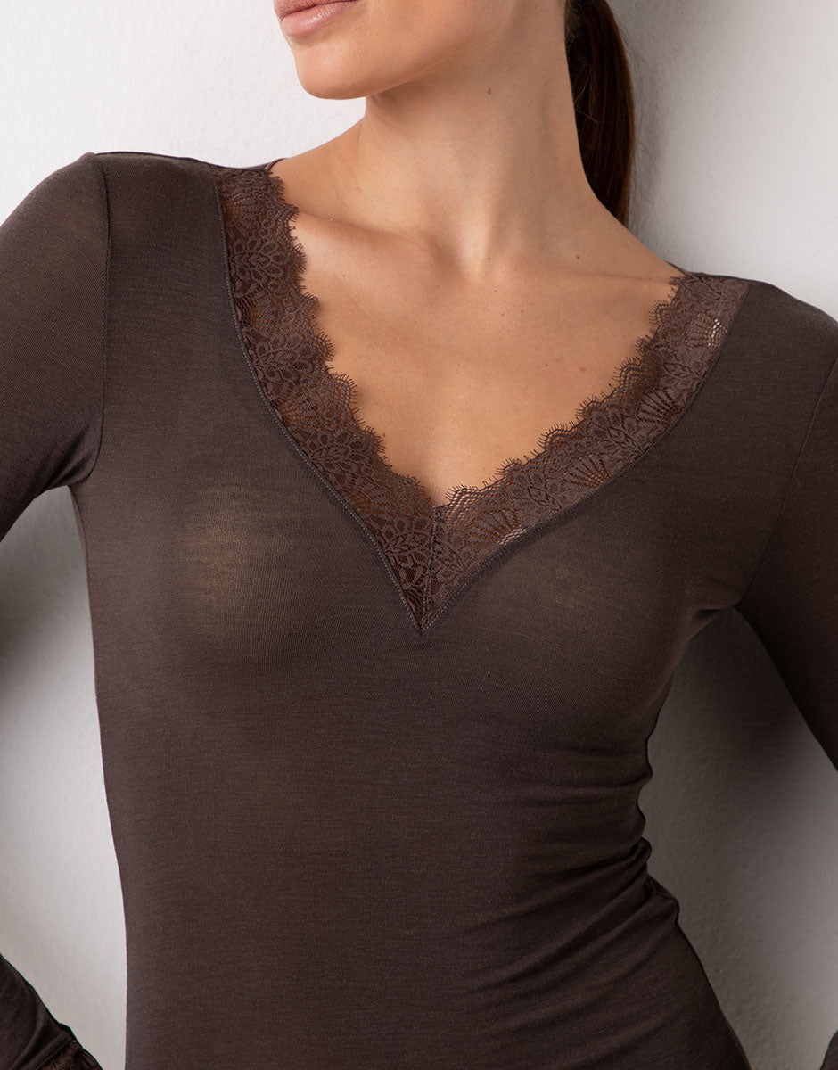 Lovable Invisible Ultralight Ultralight and Warm maglia manica lunga scollo a V cioccolato