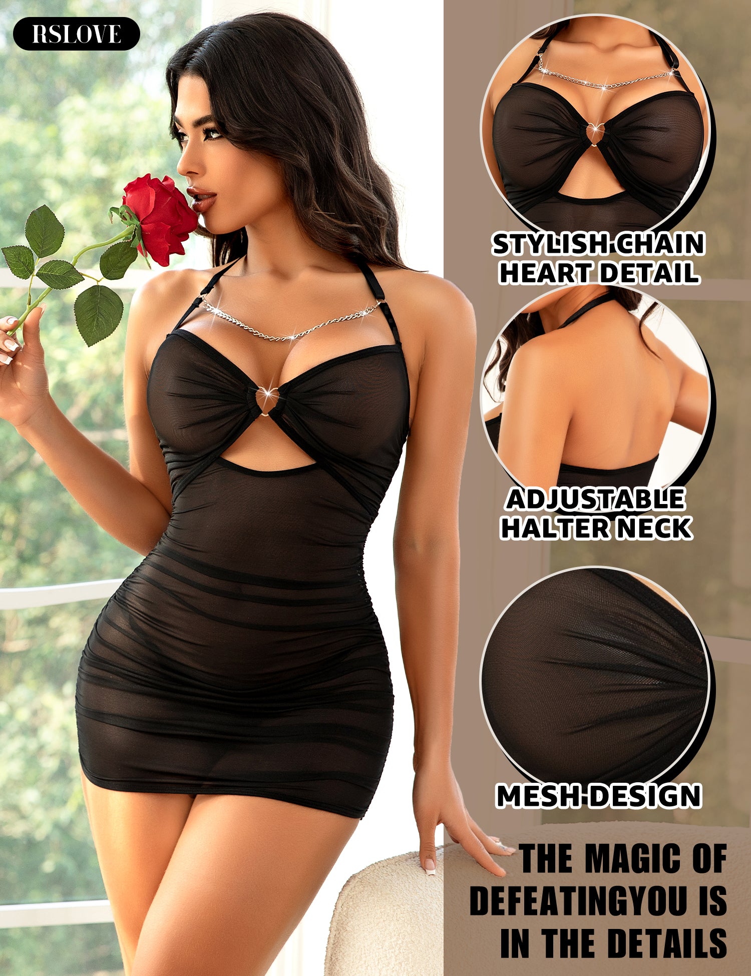 RSLOVE Babydoll Pleated Mesh Halter Babydoll Chemise babydoll nero