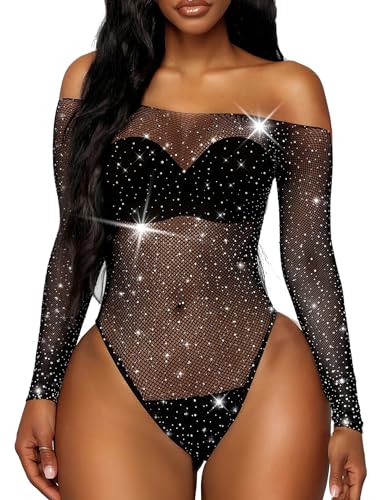 RSLOVE Bodystocking body a rete con strass nero manica lunga