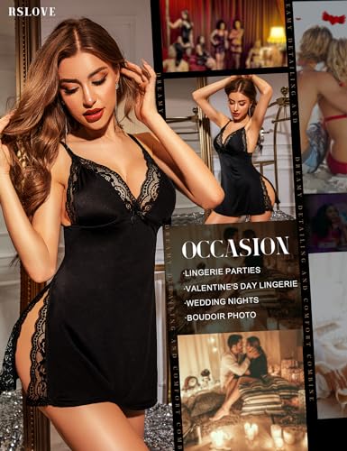 RSLOVE Babydoll Deep V Lace Trim Side Slit babydoll nero taglia S–XXL in pizzo