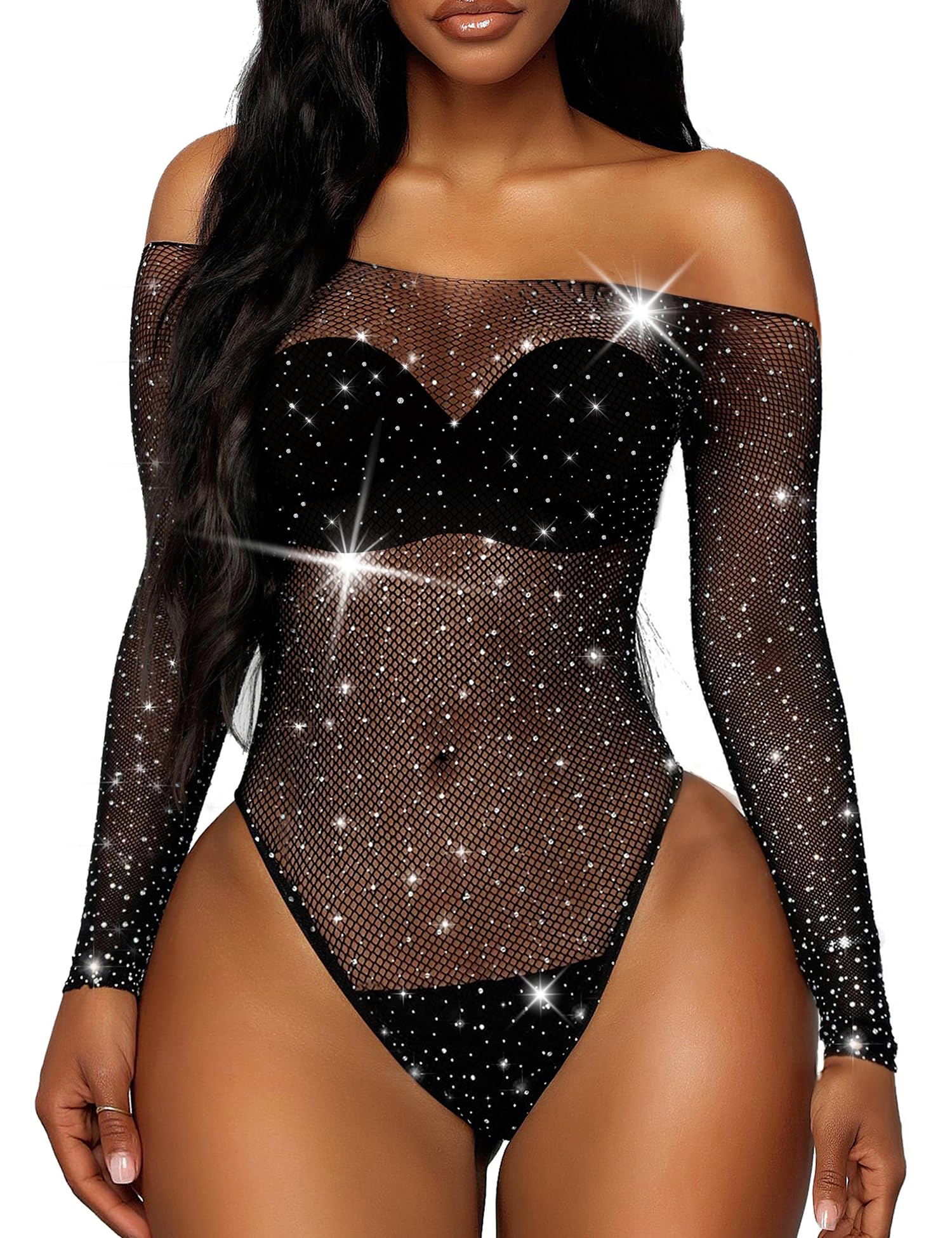 RSLOVE Bodystocking body a rete con strass nero manica lunga