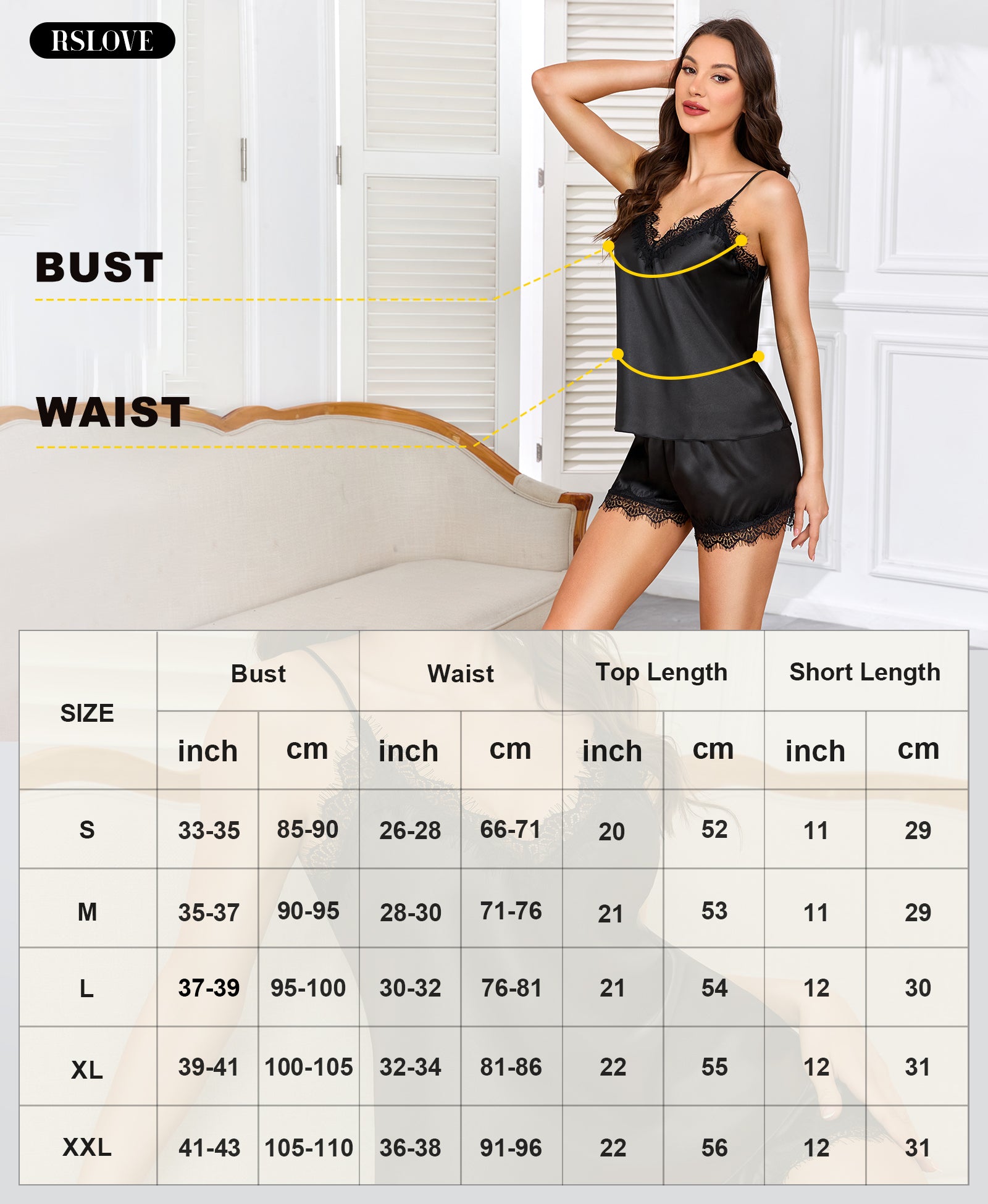 RSLOVE Pajama Set Satin Lace Cami pigiama in raso nero