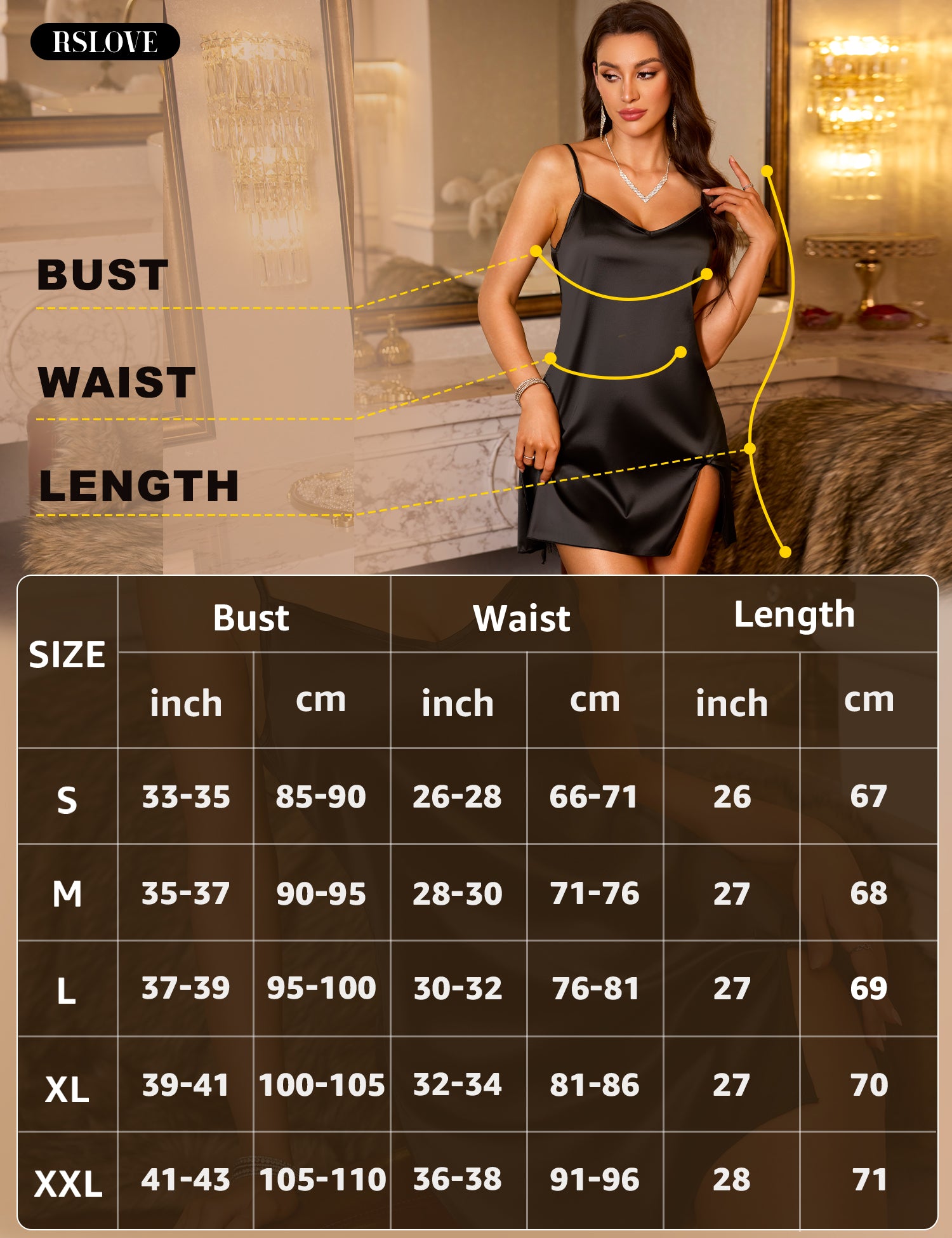 RSLOVE Babydoll Satin Lace V Neck camicia da notte nera