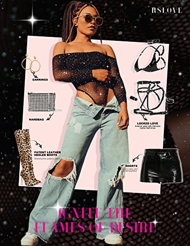 RSLOVE Bodystocking body a rete con strass nero manica lunga