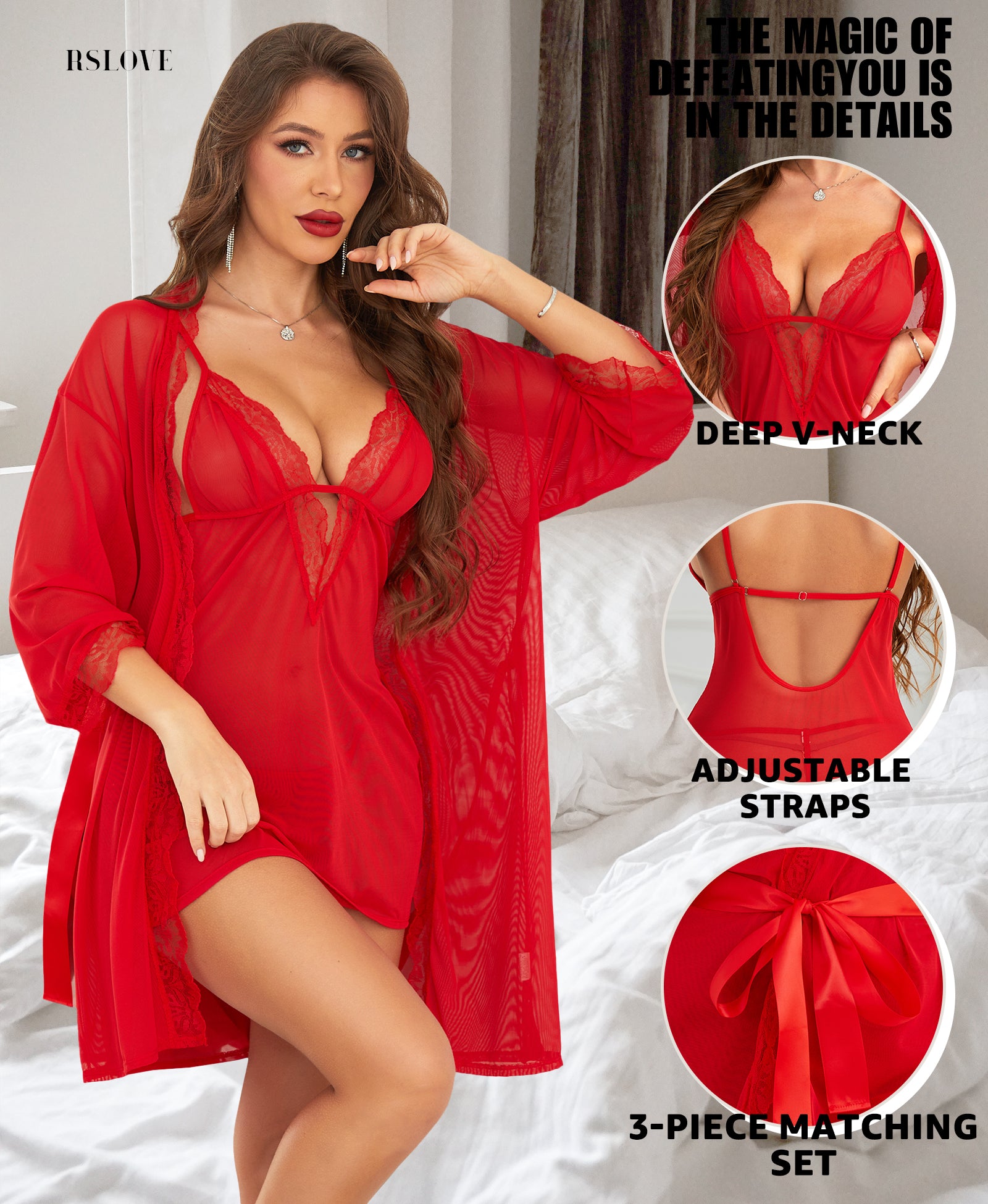 RSLOVE Robe completo babydoll in pizzo e vestaglia in rete nero 3 pezzi