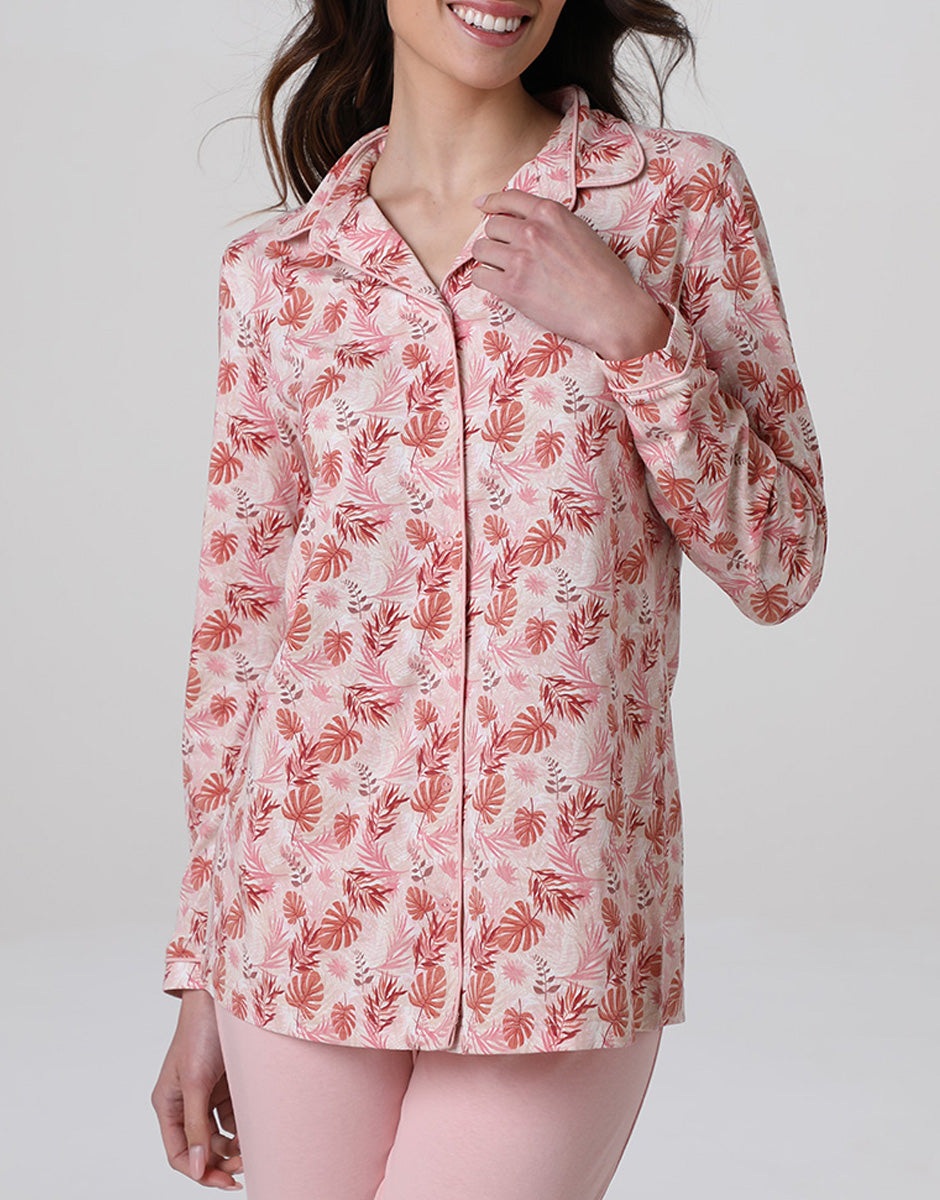 Lovable Basic Soul Pigiama Lungo Aperto in Jersey rosa polvere stampato