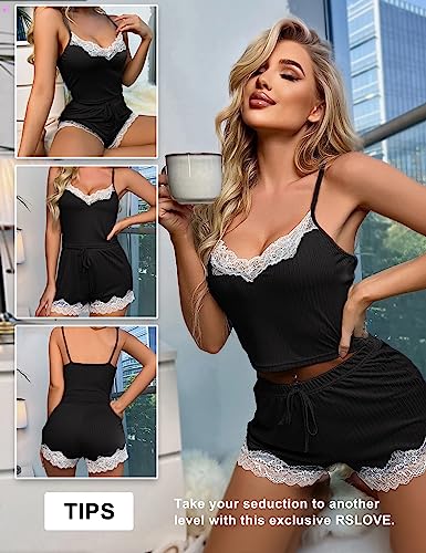 RSLOVE Pajama Set Lace Trim Cami & Shorts Pigiama corto nero con pizzo