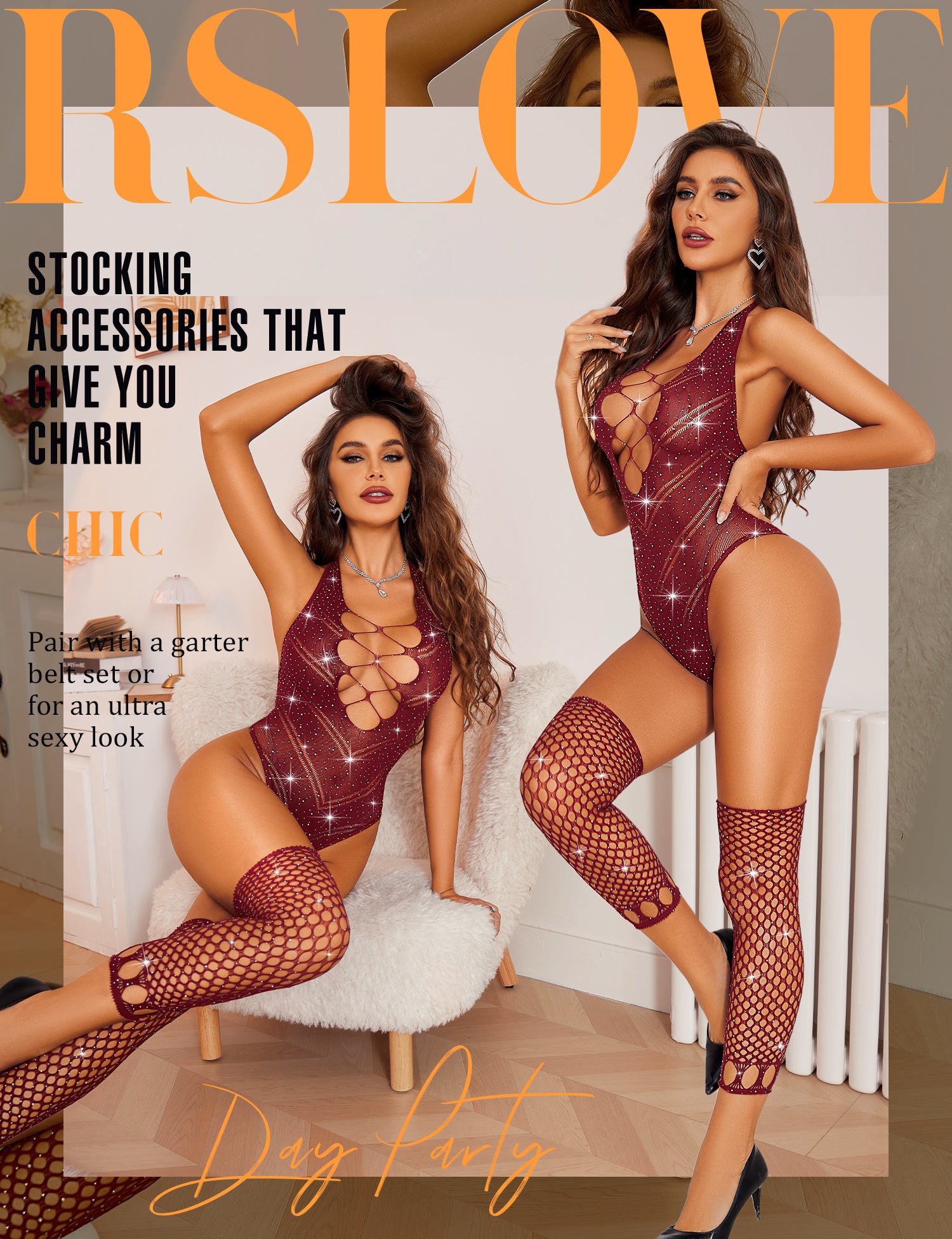 RSLOVE Teddy Rhinestone Mesh Cut Out body nero in rete