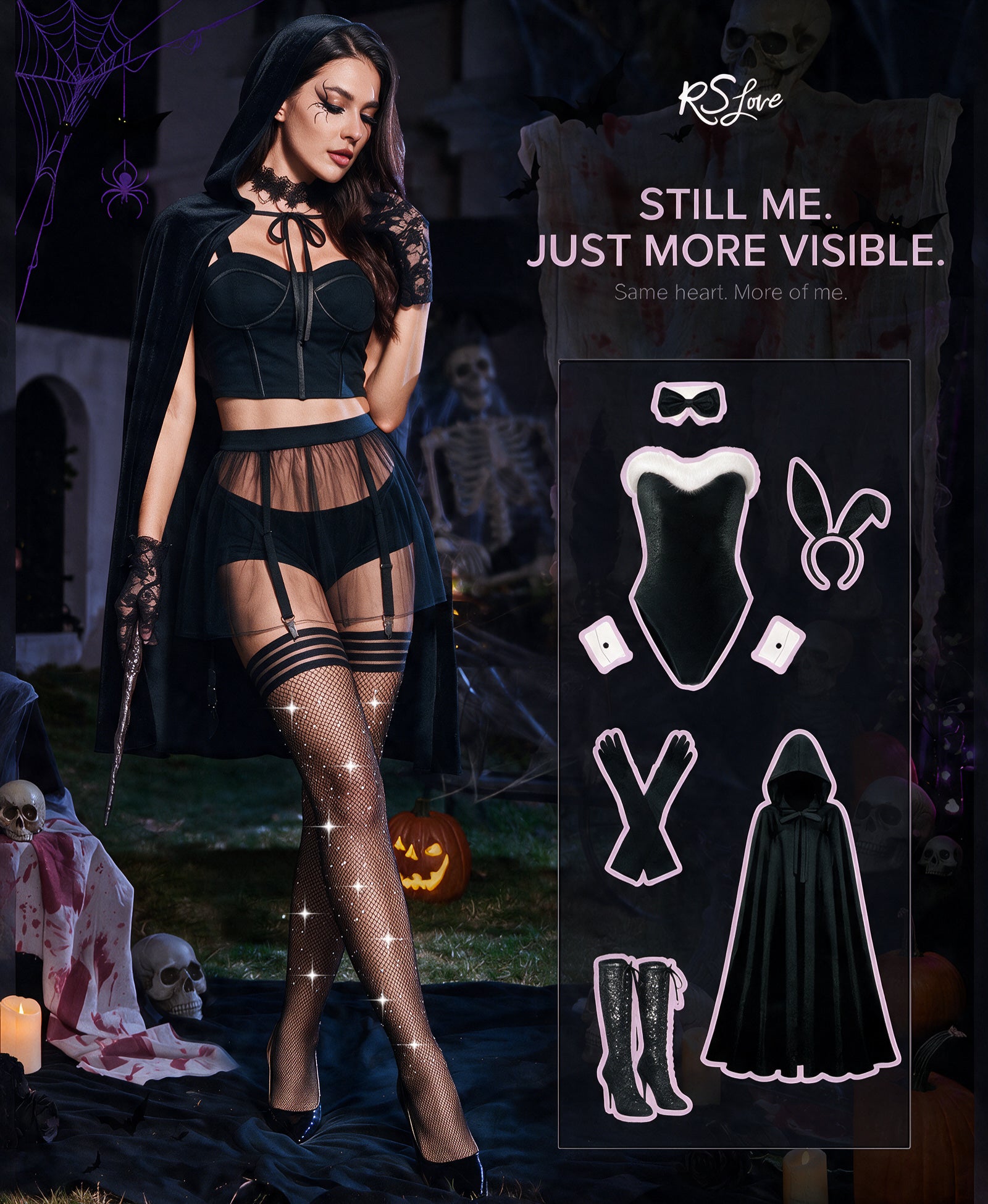 RSLOVE Thigh High calze autoreggenti fishnet nere con strass