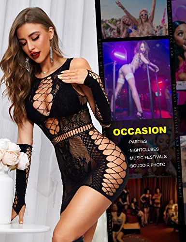 RSLOVE Fishnet Chemise Cut-Out Dress abito lingerie Nero taglia unica con guanti