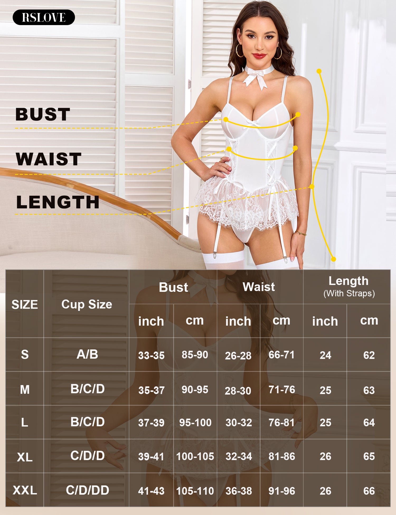 RSLOVE Lingerie Set 4 Piece Mesh Lace-Up Corset Babydoll set corsetto rosa S