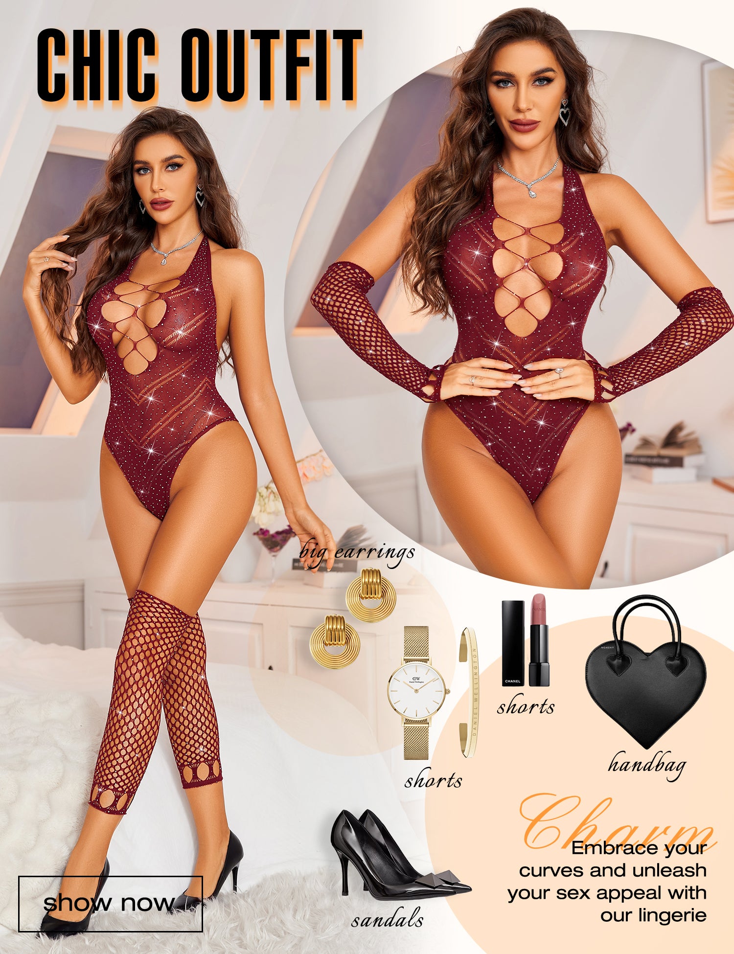 RSLOVE Teddy Rhinestone Mesh Cut Out body nero in rete