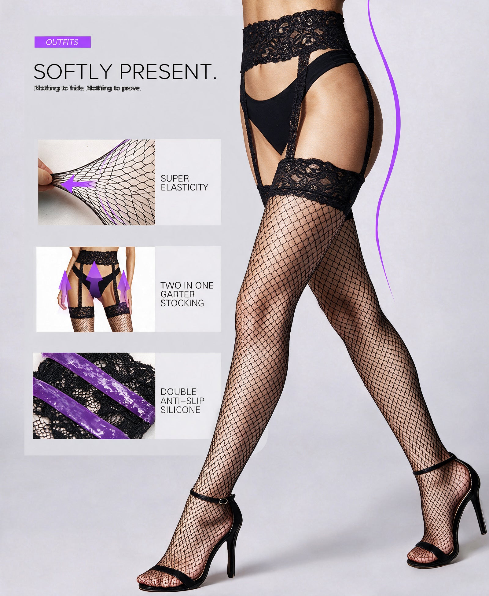 RSLOVE Stocking Fishnet Suspender Pantyhose with Garter Belt calze rete nere