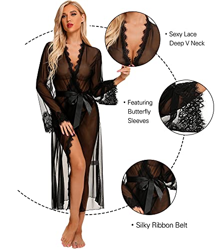 RSLOVE Robe Butterfly Sleeve Lace Trim Long Kimono vestaglia nera L